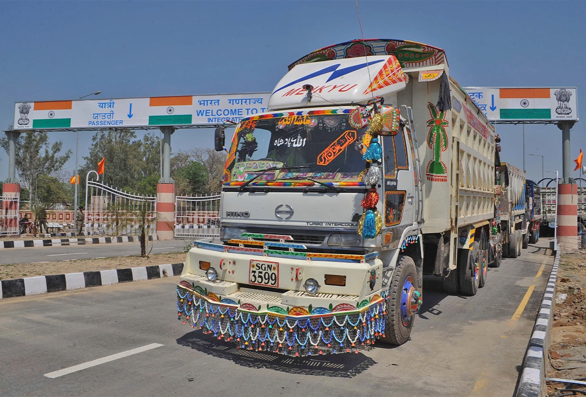 A Pakistani truck, pictured after transporting a shipment of goods, drives through Integrated Checkpost at the India-Pakistan border in Wagah on April 12,2012. (AFP/File)