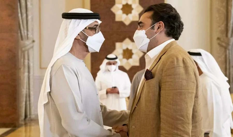 Pakistan's foreign minister Bilawal Bhutto Zardari meet UAE's President Sheikh Mohammed bin Zayed Al-Nahyan at Mushref Palace in Abu Dhabi on May 16, 2022. (@uaeembassyisb/Twitter)
