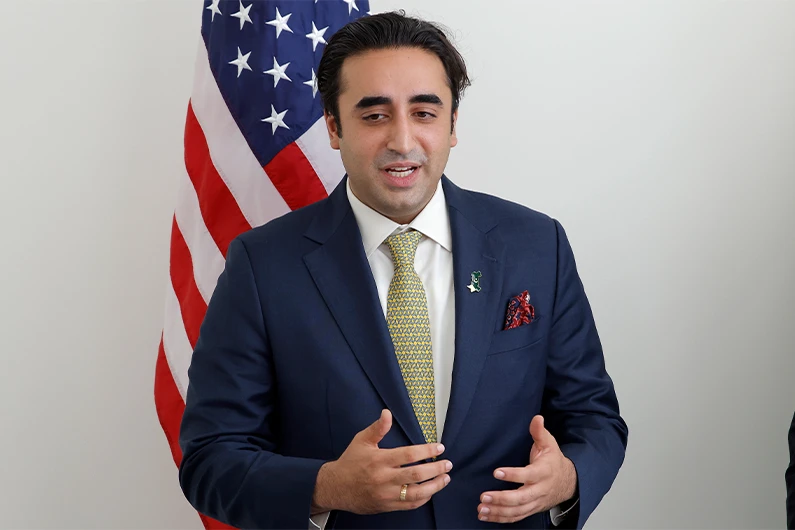 Pakistani Foreign Minister Bhutto Zardari speaks during his meeting with Secretary of State Antony Blinken at UN headquarters, May 18, 2022. (AP)