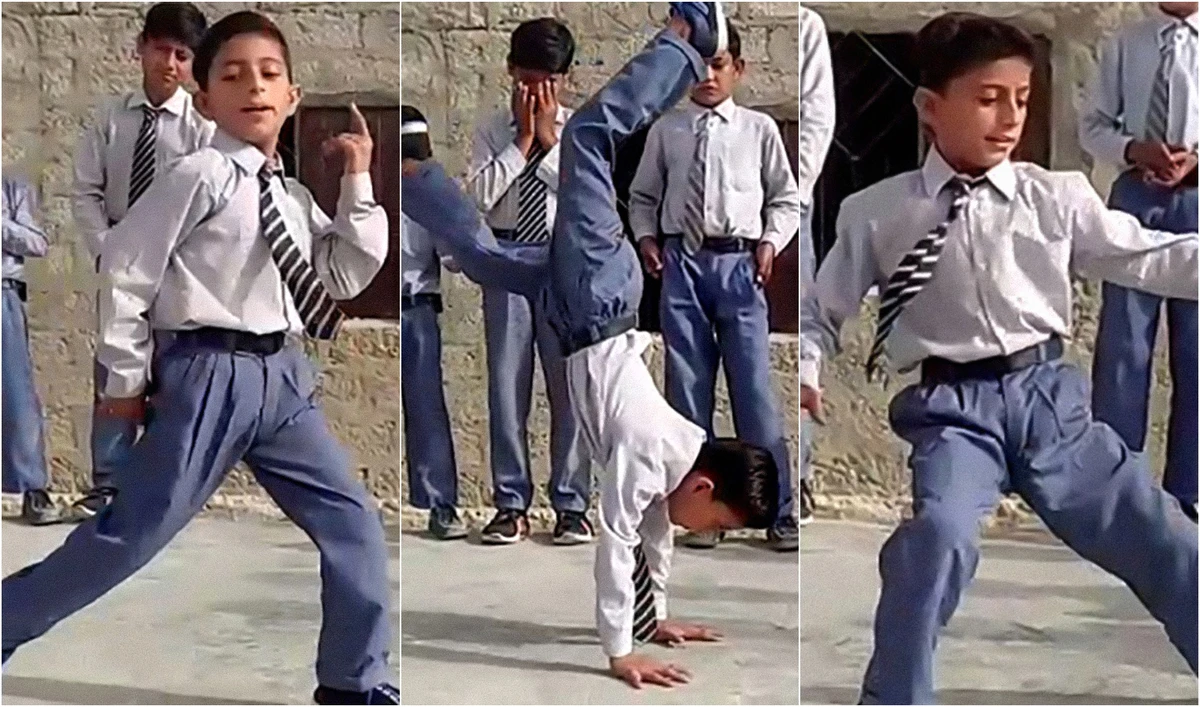 In this undated photo, breakdancing prodigy Subhan Sohail performs at his school in Turbat, Balochistan, Pakistan (Screengrab from AN video)