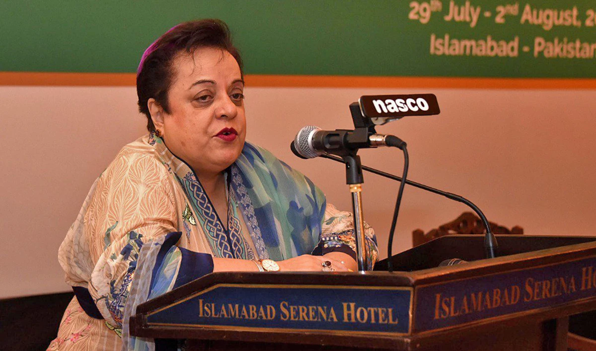 In this file photo, Shireen Mazari, a senior member of former prime minister Imran Khan’s Pakistan Tehreek-e-Insaf (PTI) party, addresses a ceremony in Islamabad, Pakistan, on July 31, 2019. (Photo courtesy: @NAofPakistan/Twitter)