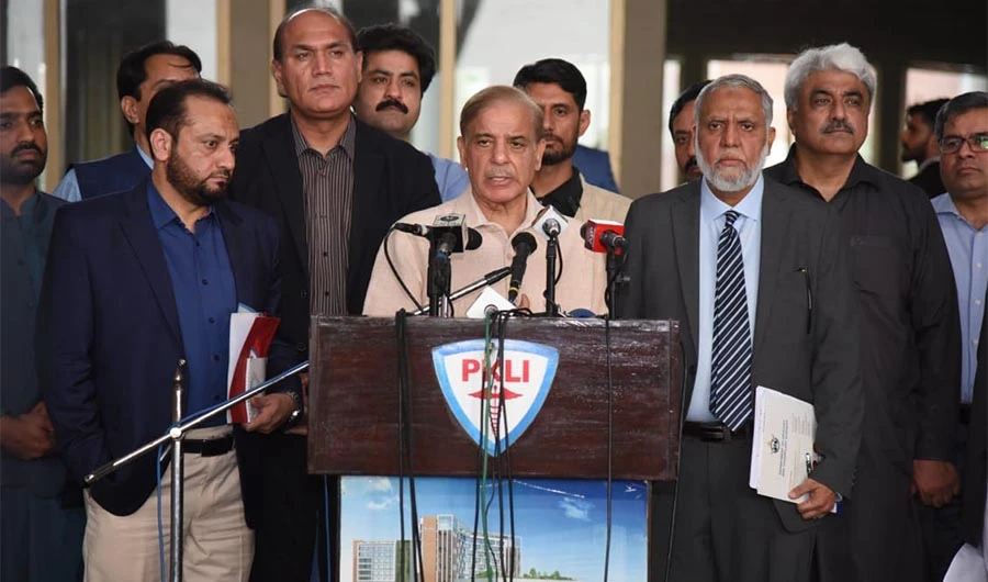 Pakistan's Prime Minister Shehbaz Sharif speaks to media in Lahore on May 22, 2022. (PID)