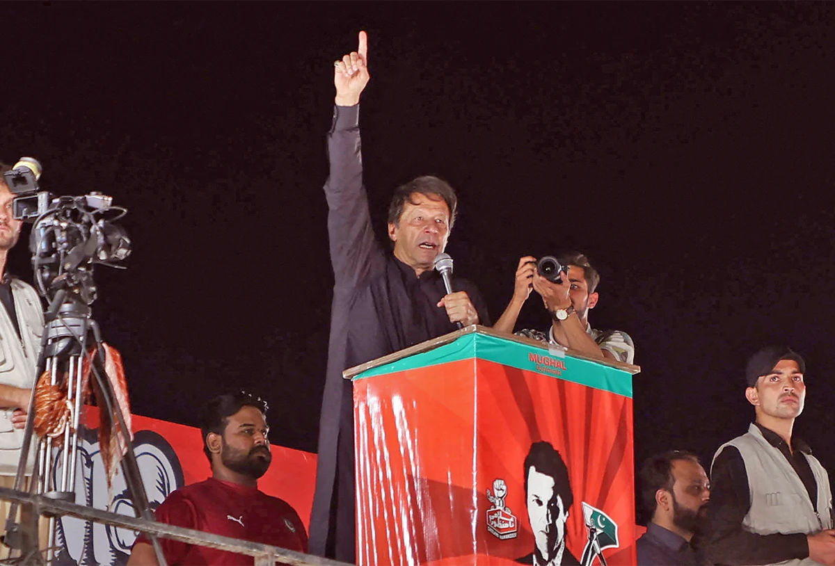 Former Pakistan's Prime Minister Imran Khan (C) gestures during a lawyers' convention in Lahore, Pakistan, on May 18, 2022. (AFP/File)
