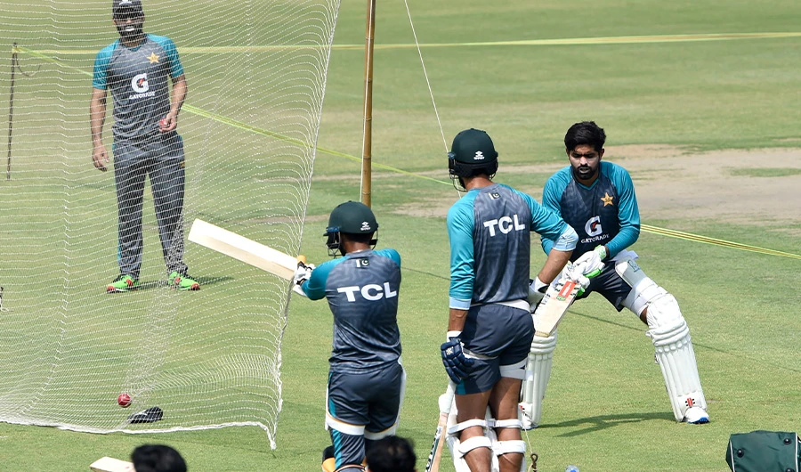 Pakistan's players attend a practice session at the Gaddafi Cricket Stadium in Lahore on March 20, 2022. (AFP/FILE)