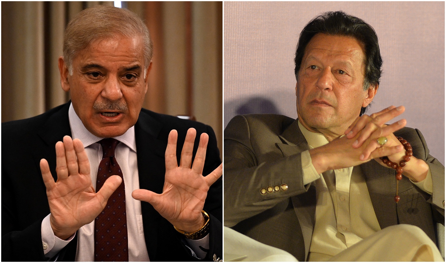 The combination of photos shows Pakistan's Prime Minister Shehbaz Sharif, left, and former premier Imran Khan. (AFP photos)