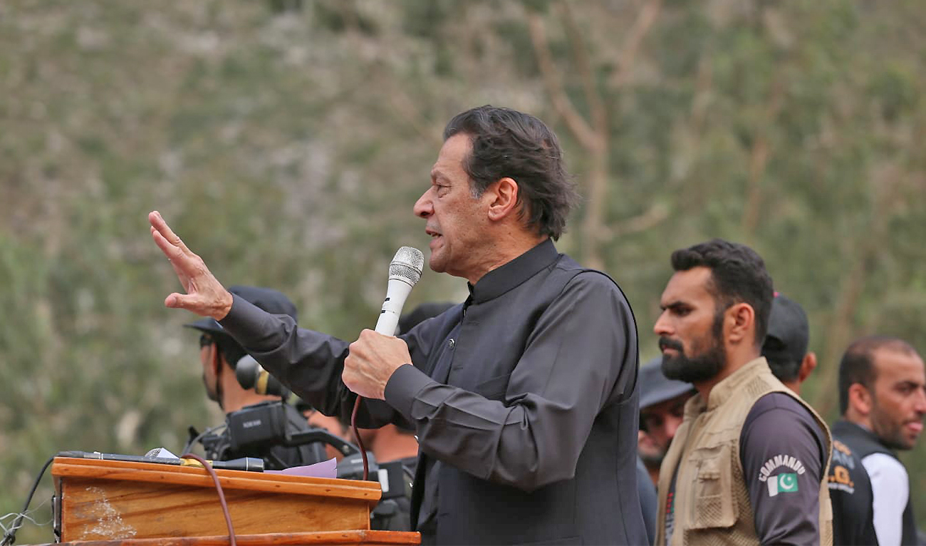 Former Prime Minister Imran Khan addresses a public rally in Shangla, Pakistan, on June 2, 2022. (@PTIOHyderabad/Twitter)
