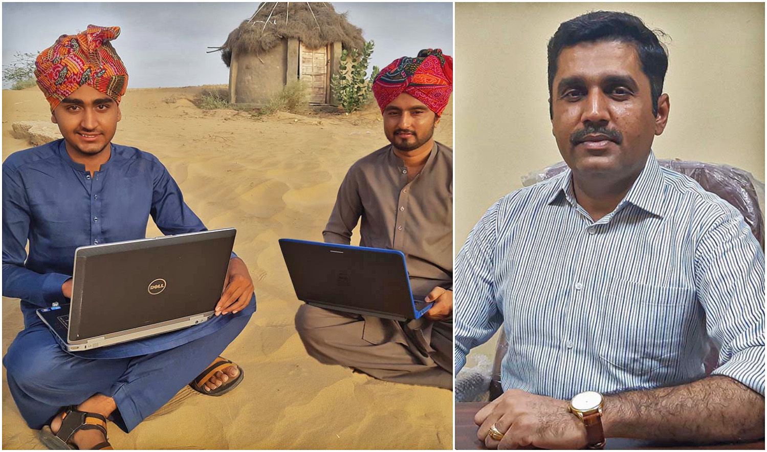 The combination of photos shows the founder of iSKILLERS software house, Pardeep Meghwar, right, and his students. (AN photos by Zulfiqar Kunbhar)