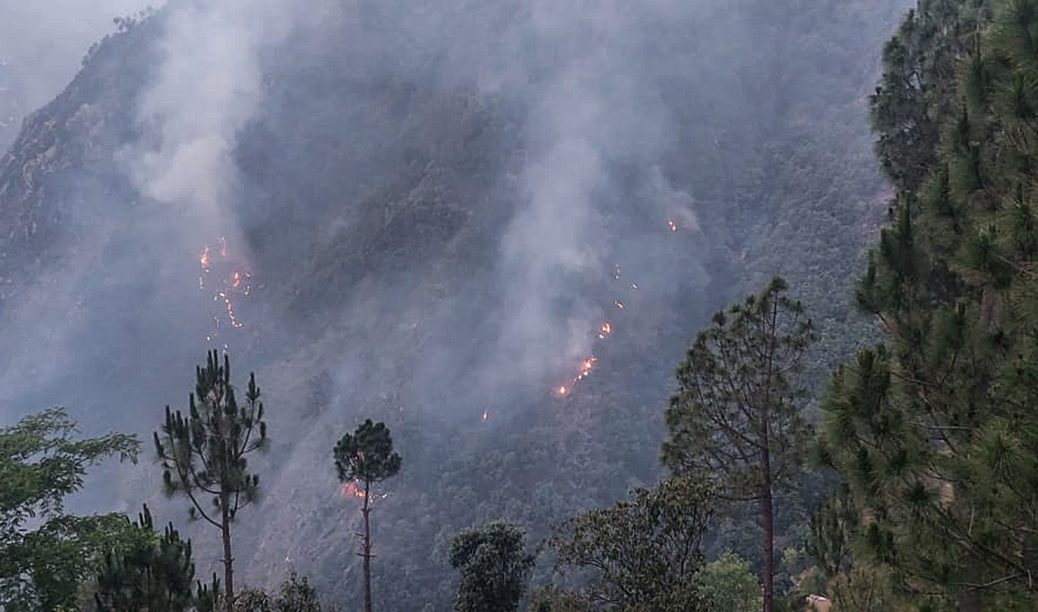 Smoke rises from a fire in the mountains of Shangla district, northwestern Khyber Pakhtunkhwa province, Pakistan on June 4, 2022. (Photo courtesy: Rescue 1122)