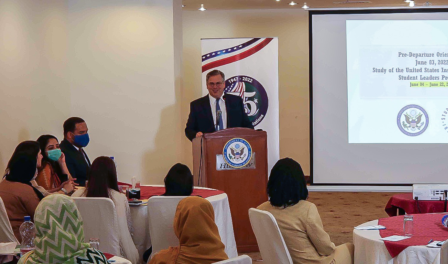 United States' Ambassador to Pakistan David Blome delivers speech at the US Embassy in Islamabad on June 3, 2022. (Photo courtesy: @pakistan.usembassy/Facebook)