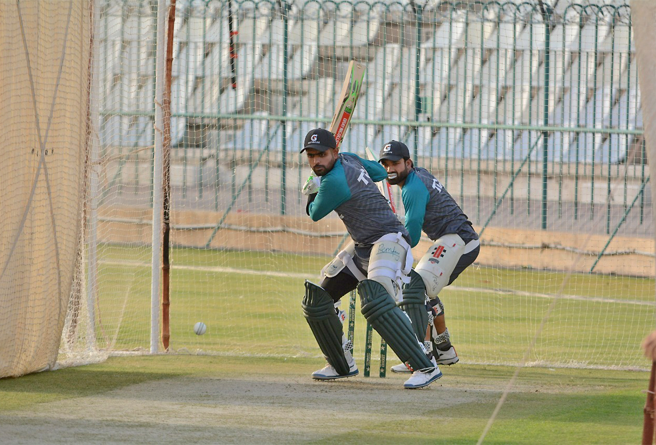 Pakistan's cricket team captain Babar Azam plays a shot during a training session for a three-match limited-overs international series West Indies in Multan, Pakistan, June 6, 2022. (PCB)