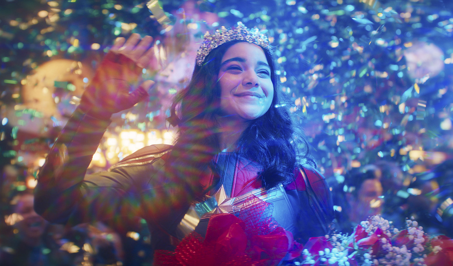 This image released by Disney+ shows Iman Vellani in a scene from the series "Ms Marvel." (Disney+ via AP)
