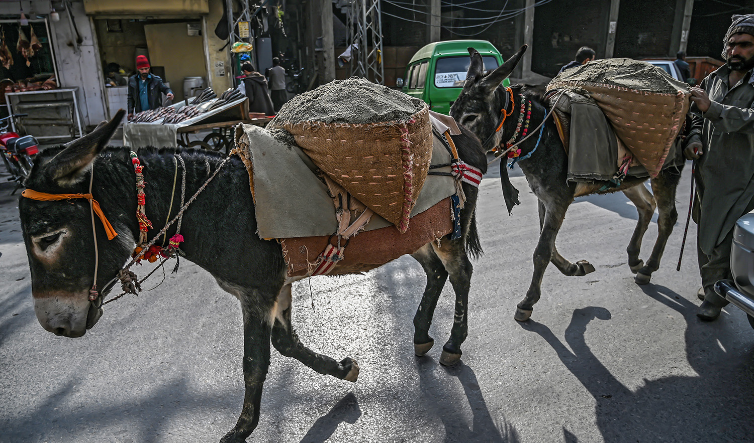 A laborer uses donkeys to transport sand on a street in Rawalpindi on January 20, 2020. (AFP/File)