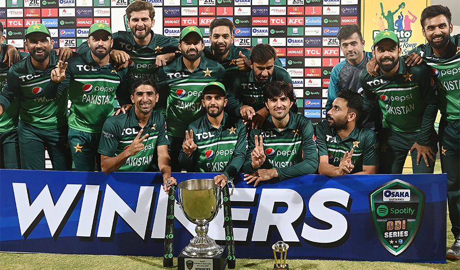 Pakistan's players pose for photograph with winning series trophy after the third and final ODI cricket match between Pakistan and West Indies in Multan on June 13, 2022. (AFP)
