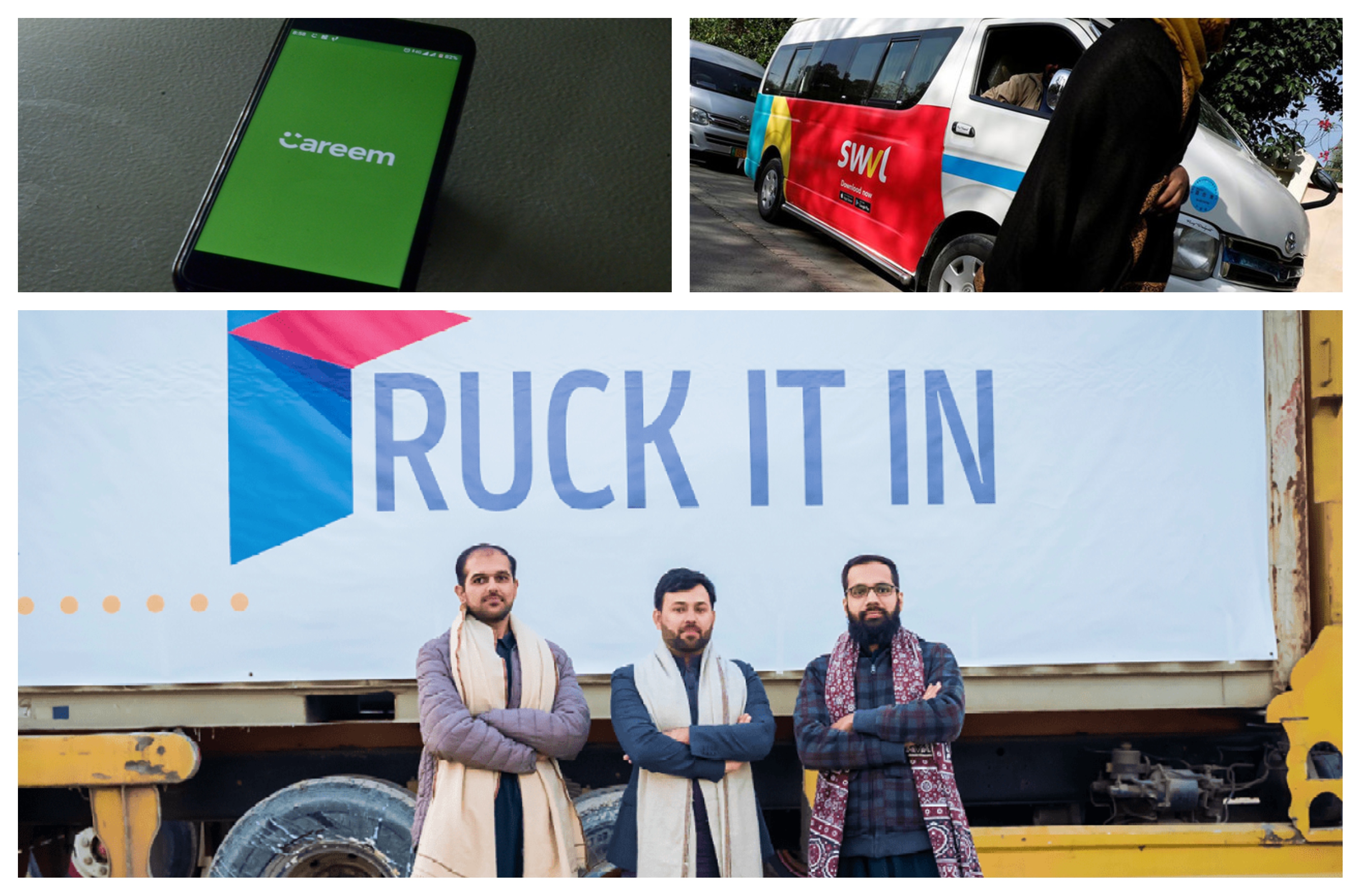 This combination of photos shows startups operating in Pakistan, Careem, Swvl, and Truck it in. (Shutterstock/Reuters/Truck it in)