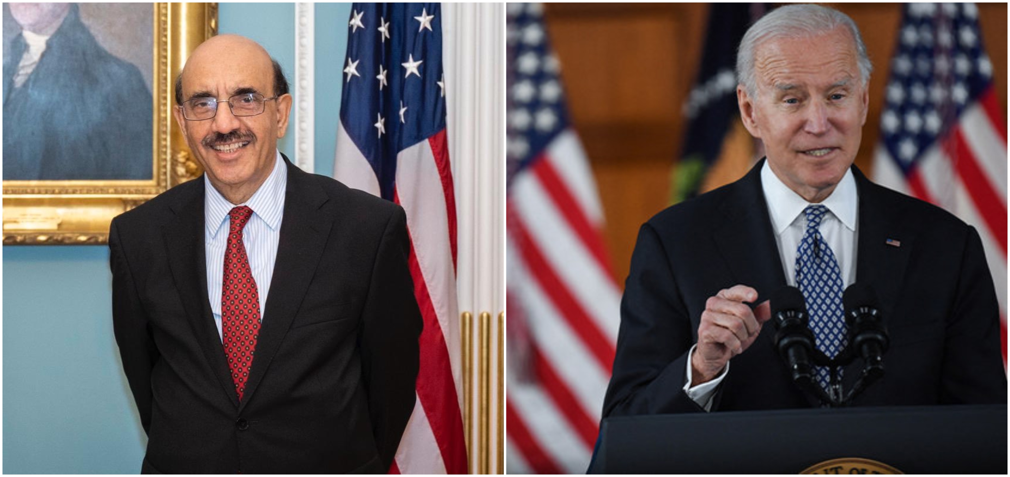This combination of photos shows Pakistan's ambassador to US, Sardar Masood Khan (L) and US President Joe Biden. (Social Media/AFP)