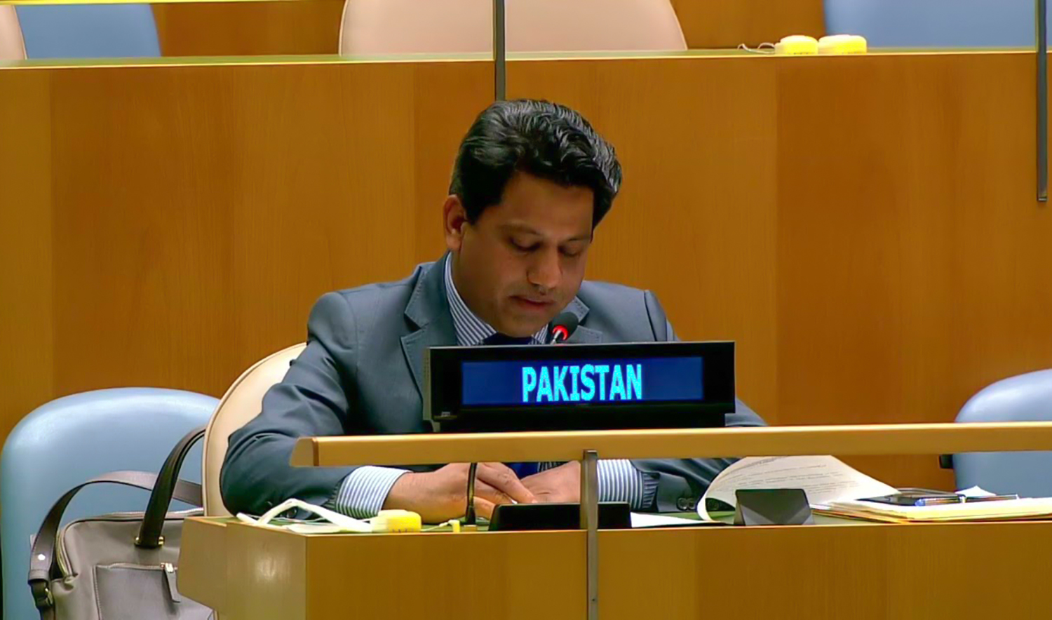 In this file photo, Pakistan’s UN envoy Aamir Khan addresses the United Nations General Assembly. (Photo courtesy: YouTube)