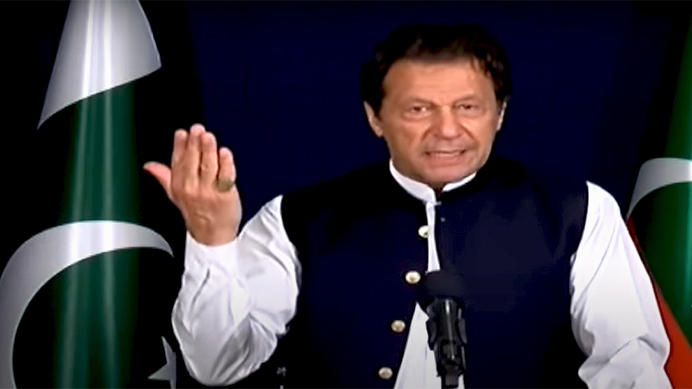Pakistan’s former prime minister Imran Khan addressing his party workers and supporters in a video live stream on June 19, 2022. (Screengrab from YouTube video)