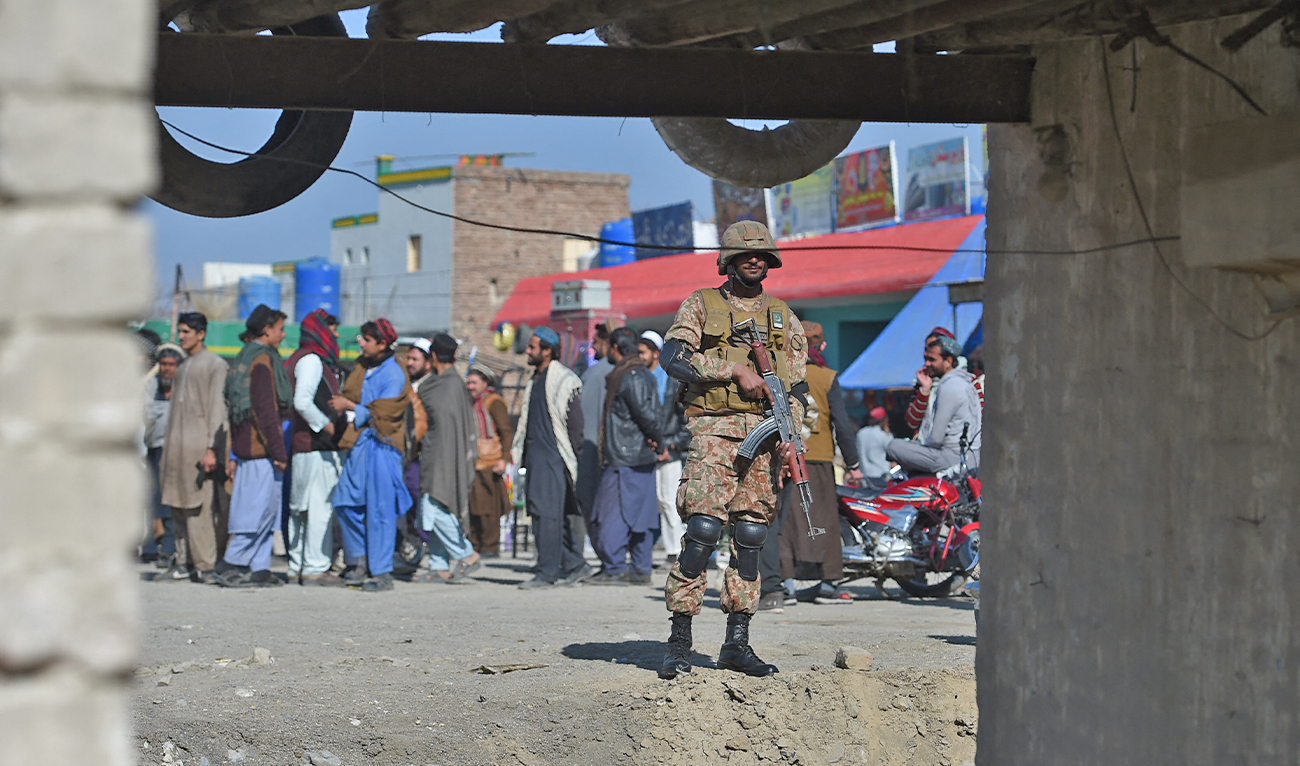 A Pakistani army soldier stands guard at a market in Miran Shah, a town in North Waziristan, near the border between Pakistan and Afghanistan, on January 27, 2019. (AFP/File)