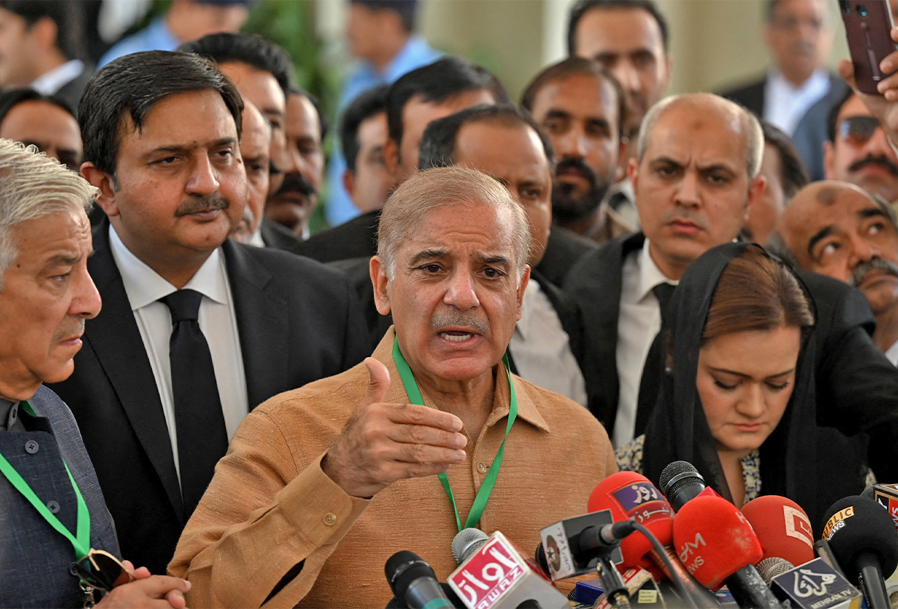 Pakistan's Prime Minister Shehbaz Sharif (C) addresses the members of the media before attending a hearing outside the Supreme Court building in Islamabad on April 5, 2022. (AFP/File)