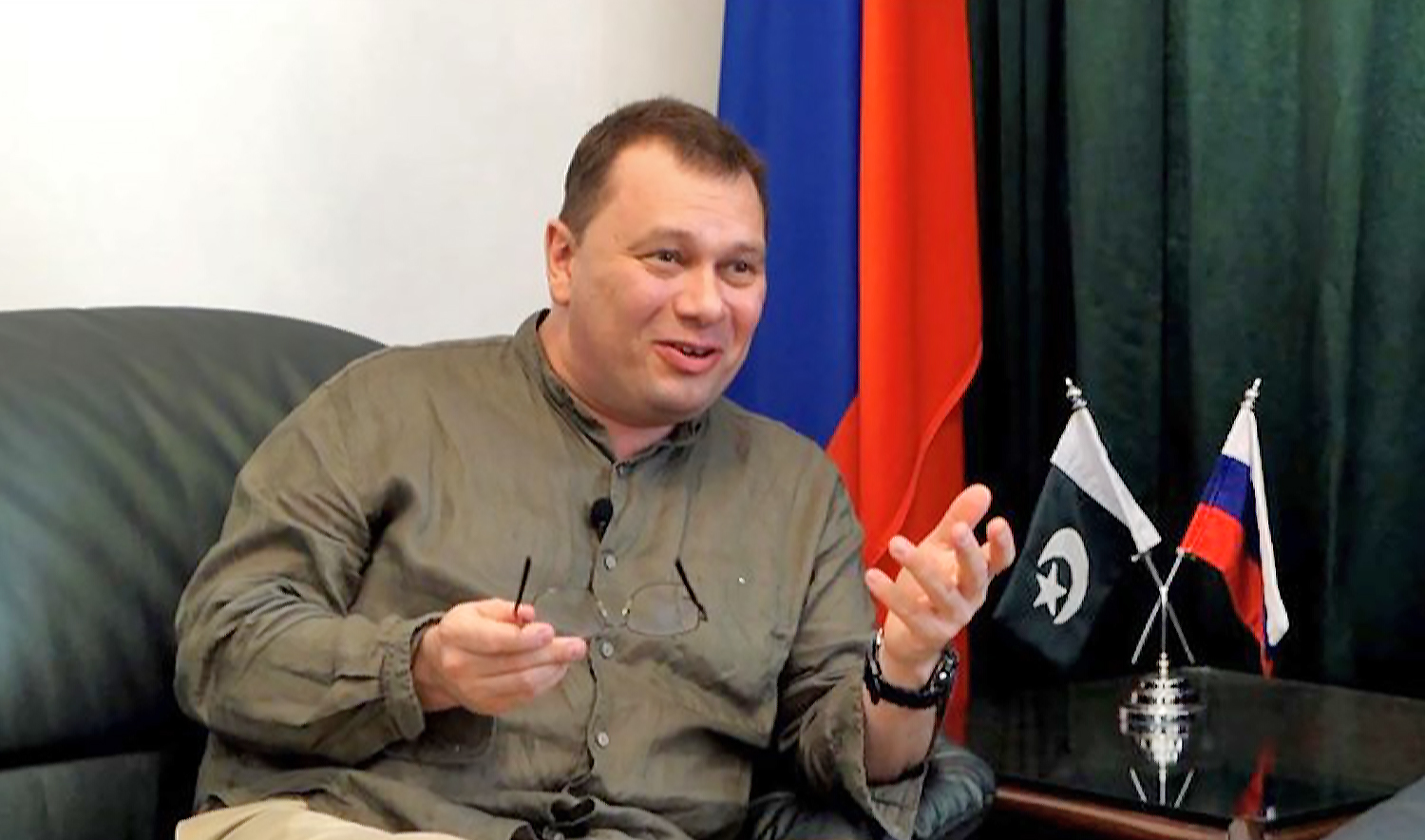 The Russian Consul General in Karachi, Andrey Viktorovich Fedorov, speaks to Urdu News during an interview in Karachi, Pakistan, on June 23, 2022. (Urdu News)