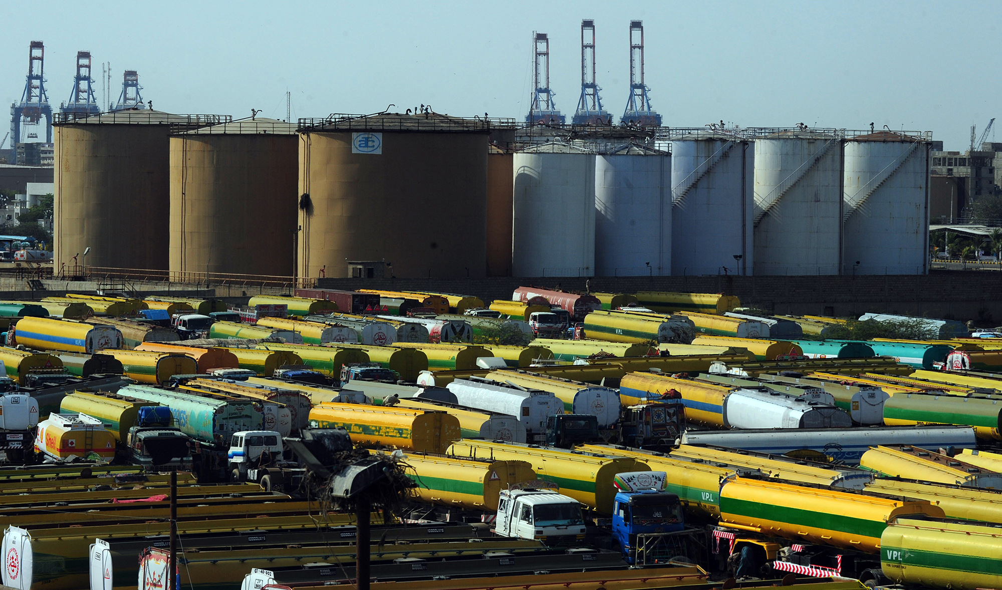 This file photo shows tankers parked outside a local oil refinery in Karachi on Feb. 22, 2011. (AFP)