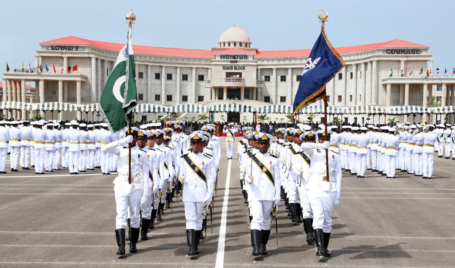 Cadets march during the 117th midshipman and 25th SSC commissioning parade at Pakistan Naval Academy Manora in Karachi on June 25, 2022. (Photo courtesy: Pakistan Navy)