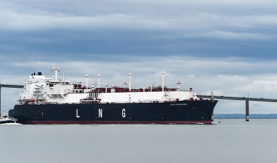 The LNG (liquefied natural gas) tanker Flex Volunteer, sailing under the flag of the Marshall Islands, near Saint-Nazaire, western France, on April 12, 2022. (AFP)