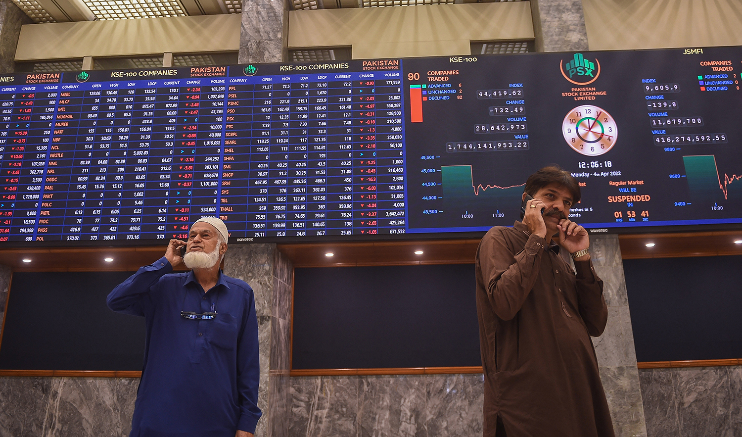 Stockbrokers speak on the phone during a trading session at the Pakistan Stock Exchange (PSX) in Karachi on April 4, 2022. (AFP/File)