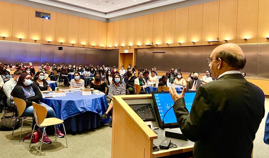 Pakistan's ambassador to US, Masood Khan speaks to international students at Johns Hopkins University on June 27, 2022. (@PakinUSA/Twitter)