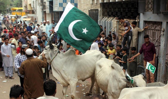 A sacrificial bull, with Pakistani flags fastened to its horns, is lifted down by crane from the roof of a four-story building in Karachi’s Nazimabad neighborhood on Sunday, August 12, 2018. (AN photo/FILE)