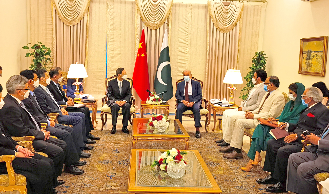 Pakistan Prime Minister Shehbaz Sharif (center right) meets with a high-ranking Chinese politician and diplomat, Yang Jiechi (center left) in Islamabad, Pakistan, on June 29, 2022. (@zhang_heqing/Twitter)
