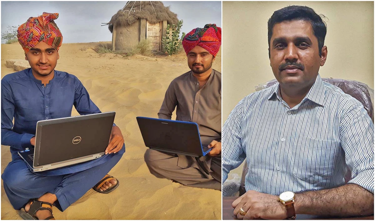 The combination of photos shows the founder of iSKILLERS software house, Pardeep Meghwar, right, and his students. (AN photos by Zulfiqar Kunbhar)