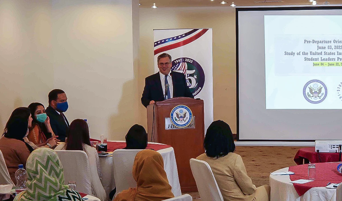 United States' Ambassador to Pakistan David Blome delivers speech at the US Embassy in Islamabad on June 3, 2022. (Photo courtesy: @pakistan.usembassy/Facebook)