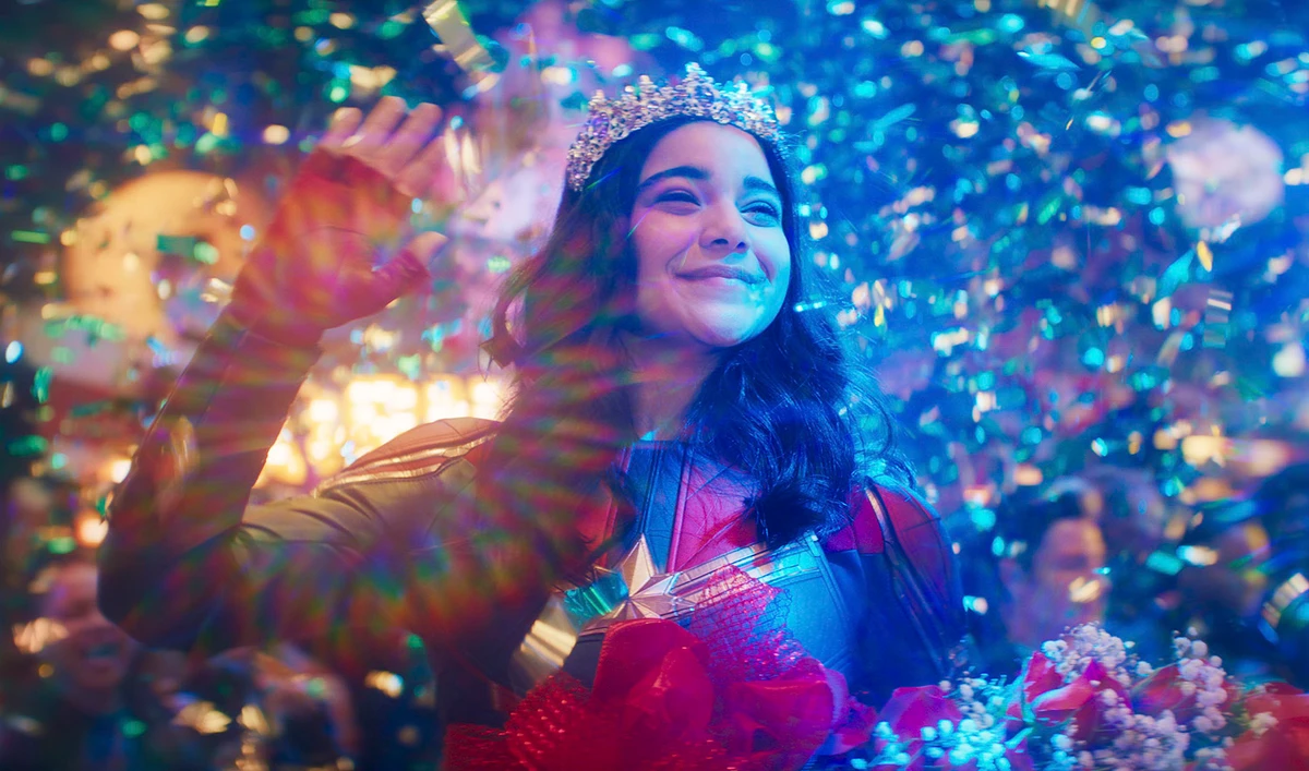 This image released by Disney+ shows Iman Vellani in a scene from the series "Ms Marvel." (Disney+ via AP)