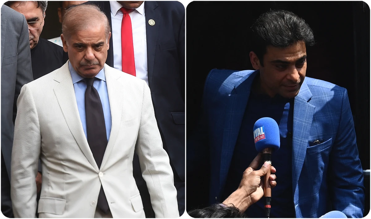 The combination of file photos show Pakistan Prime Minister Shehbaz Sharif, left, and his son Hamza Shehbaz, who is the chief minister of Punjab province. (AFP photos)