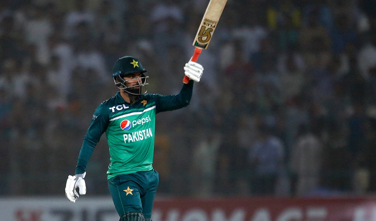 Pakistan's Shadab Khan celebrates after scoring fifty during the third one day international cricket match against West Indies at the Multan Cricket Stadium, in Multan, Pakistan, on June 12, 2022. (AP)