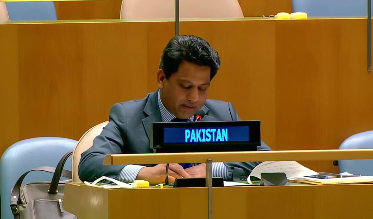 In this file photo, Pakistan’s UN envoy Aamir Khan addresses the United Nations General Assembly. (Photo courtesy: YouTube)