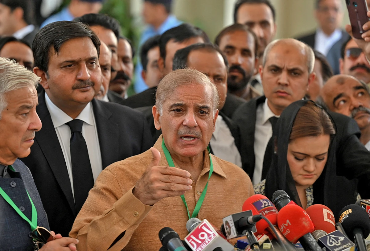 Pakistan's Prime Minister Shehbaz Sharif (C) addresses the members of the media before attending a hearing outside the Supreme Court building in Islamabad on April 5, 2022. (AFP/File)