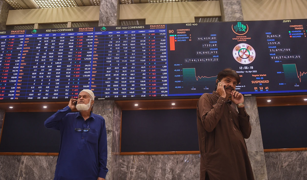Stockbrokers speak on the phone during a trading session at the Pakistan Stock Exchange (PSX) in Karachi on April 4, 2022. (AFP/File)