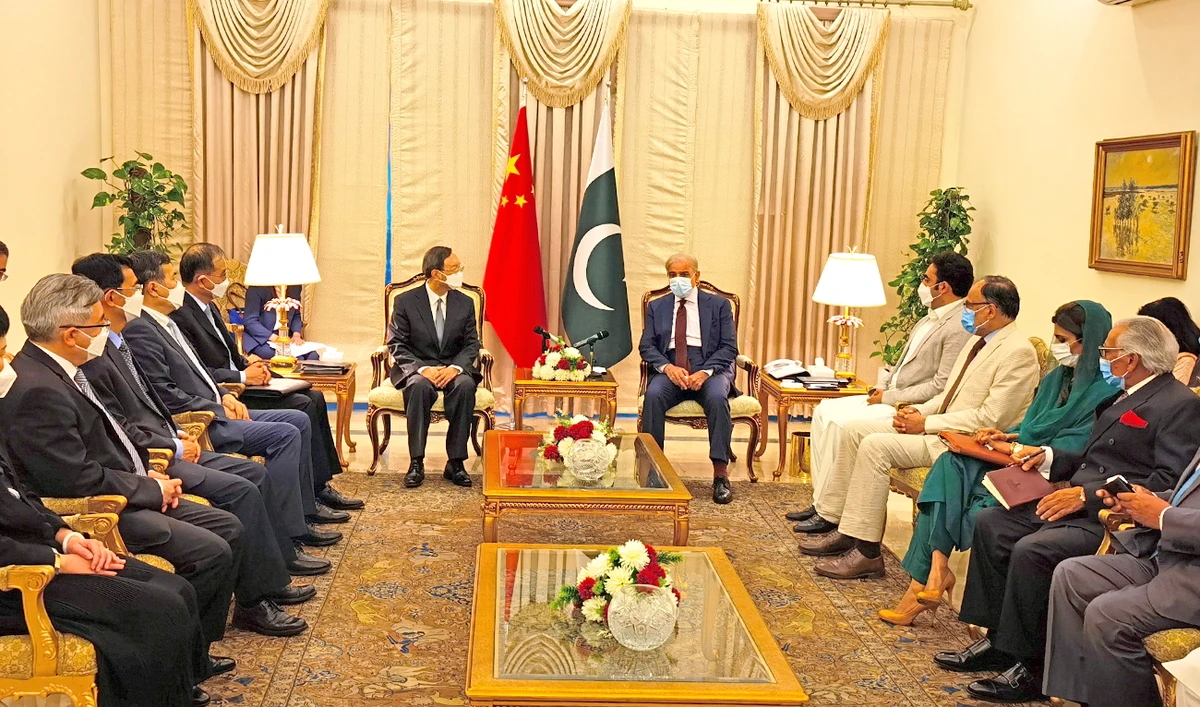 Pakistan Prime Minister Shehbaz Sharif (center right) meets with a high-ranking Chinese politician and diplomat, Yang Jiechi (center left) in Islamabad, Pakistan, on June 29, 2022. (@zhang_heqing/Twitter)