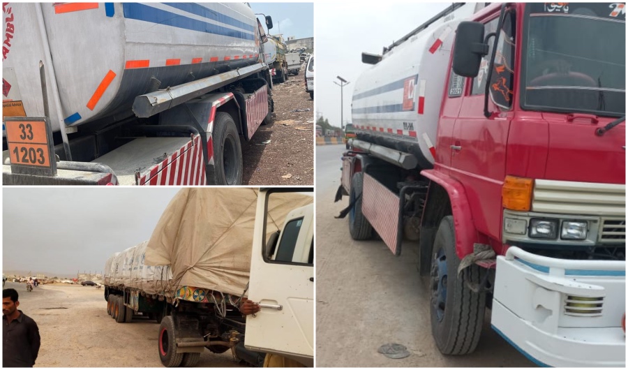 In this photo released by Pakistani customs officials on July 2, 2022, trucks laden with oil smuggled from Iran are intercepted in Karachi.