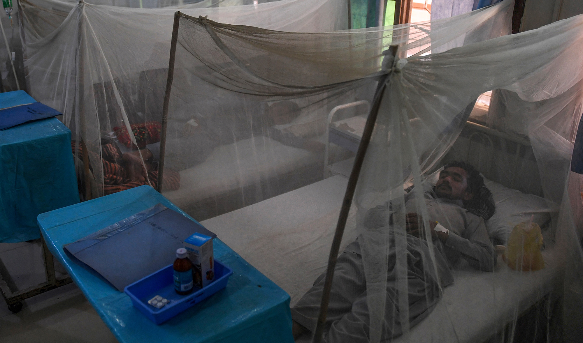 Patients suffering from dengue fever rest on beds under nets as they are treated at a government hospital in Karachi, Pakistan, on October 10, 2019. (AFP/File)