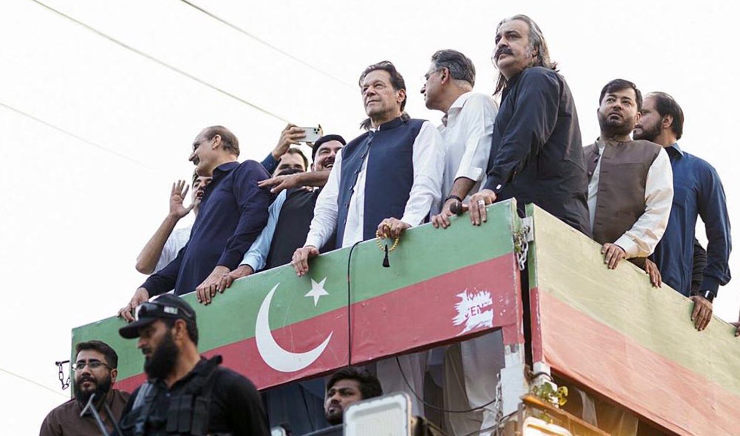 Pakistan's former prime minister Imran Khan (front 3R) during an anti-government rally in Rawalpindi on July 2, 2022. (Photo courtesy: @PTIOfficial)