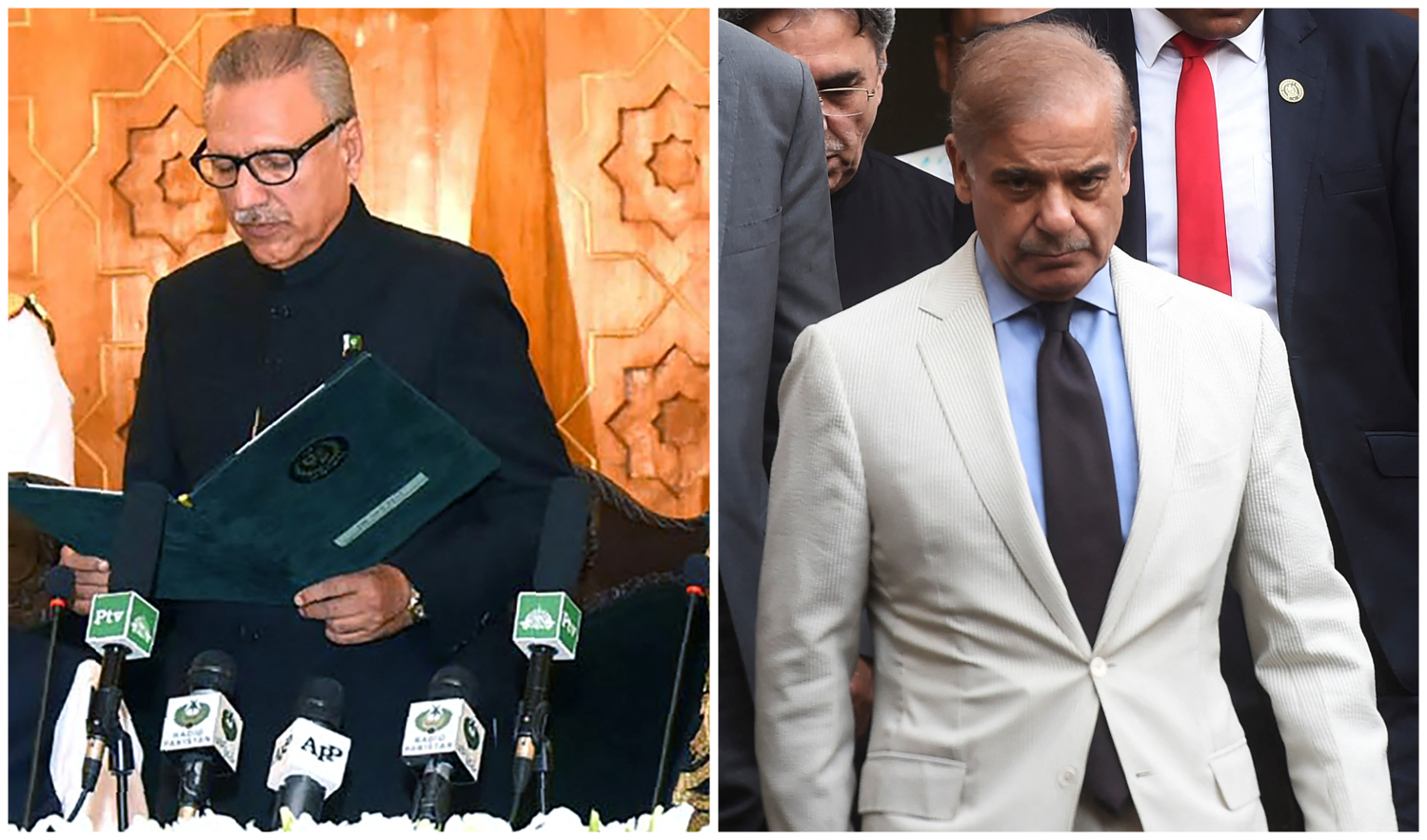 The combination of photos shows Pakistan's president Arif Alvi, left, and prime minister Shehbaz Sharif. (AFP photos)