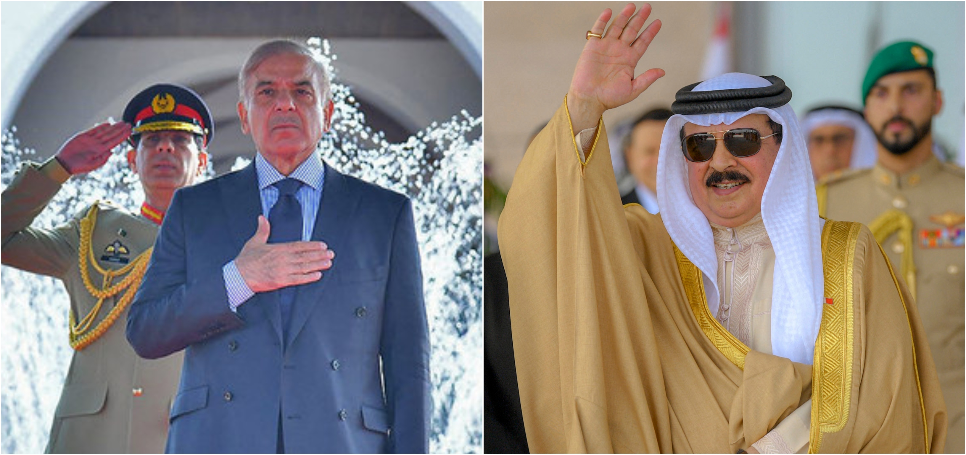 This combination of photos shows Pakistan’s Prime Minister Shehbaz Sharif (L) and Bahrain’s King Hamad bin Isa Al-Khalifa (R). (PID/AFP)