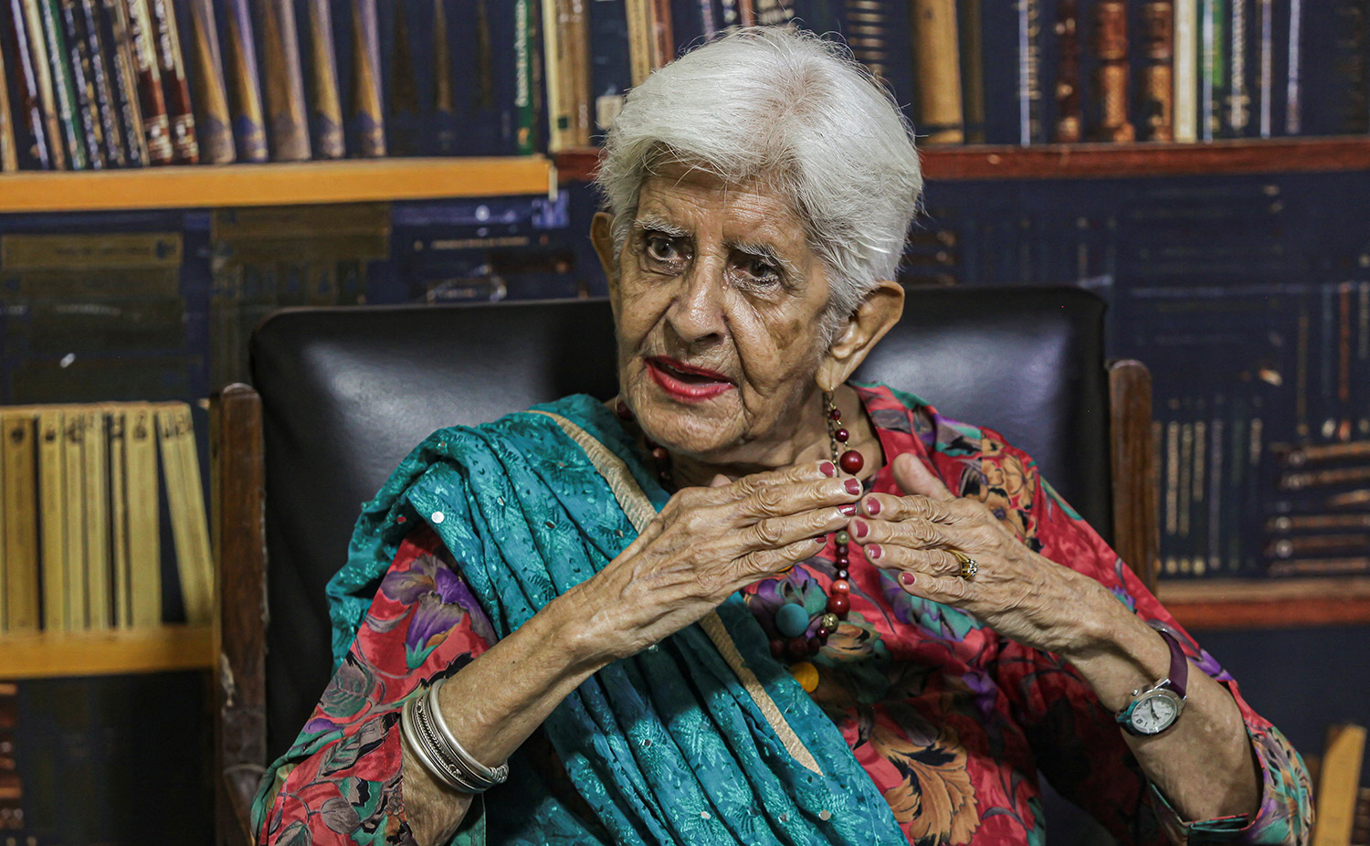 Reena Varma, 92-year-old Indian citizen born in Pakistan, who after 75 years came to visit her ancestral home and school, speaks during an interview with Reuters, in Lahore. (REUTERS)