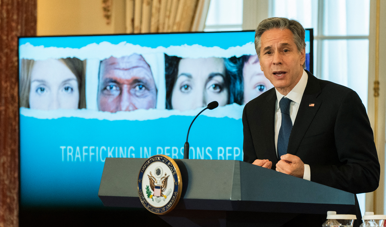 US Secretary of State Antony Blinken speaks during the 2022 Trafficking in Persons (TIP) Report launch ceremony at the State Department in Washington, DC, on July 19, 2022. (AFP)