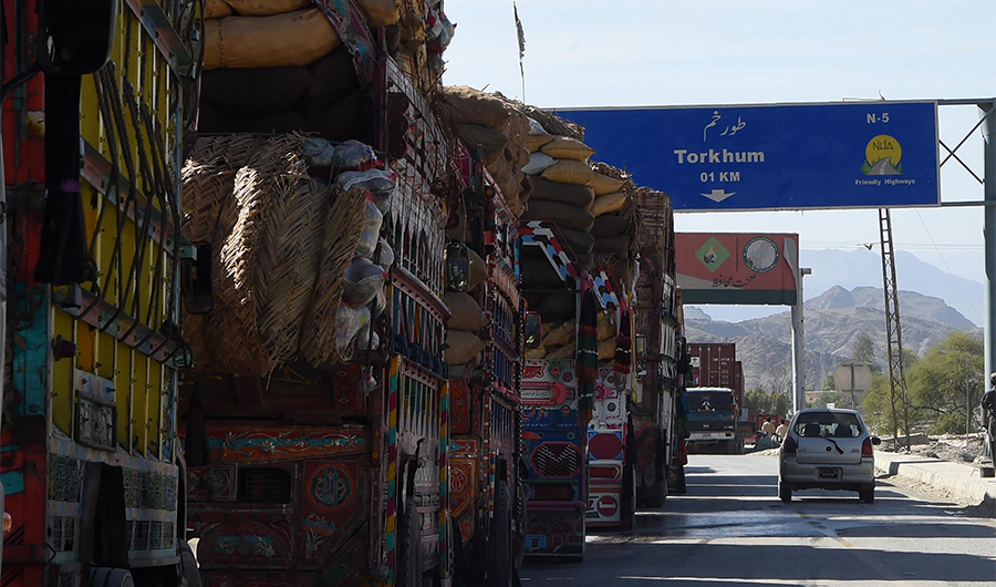 Laden Pakistani trucks are seen near Torkham, close to the Pakistan-Afghanistan border, on April 14, 2017. (AFP/FILE)