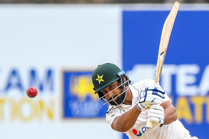 Pakistan’s Abdullah Shafique plays a shot during the final day of play of the first cricket Test match between Sri Lanka and Pakistan at the Galle International Cricket Stadium in Galle on July 20, 2022. (AFP)