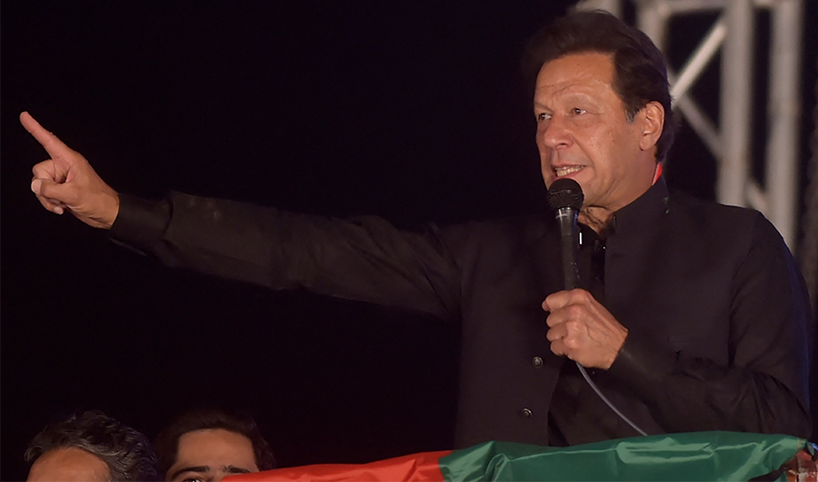 Ousted Pakistan's prime minister Imran Khan delivers a speech to Pakistan Tehreek-e-Insaf (PTI) party's supporters during a public rally in Peshawar on April 13, 2022. (AFP/FILE)